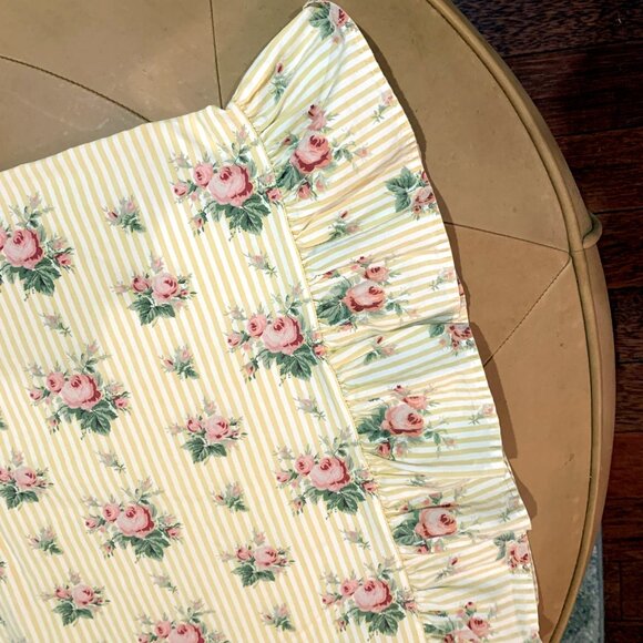 VINTAGE Ralph Lauren SOPHIE BROOKE Yellow Striped Ruffled Pillowcase with ROSES - Picture 2 of 5
